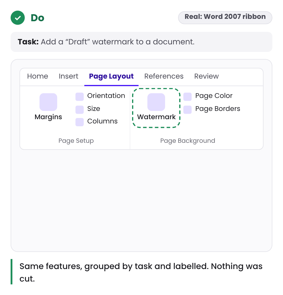 Do: A Word 2007 style ribbon with the Page Layout tab open and Watermark as a large button in the Page Background group.