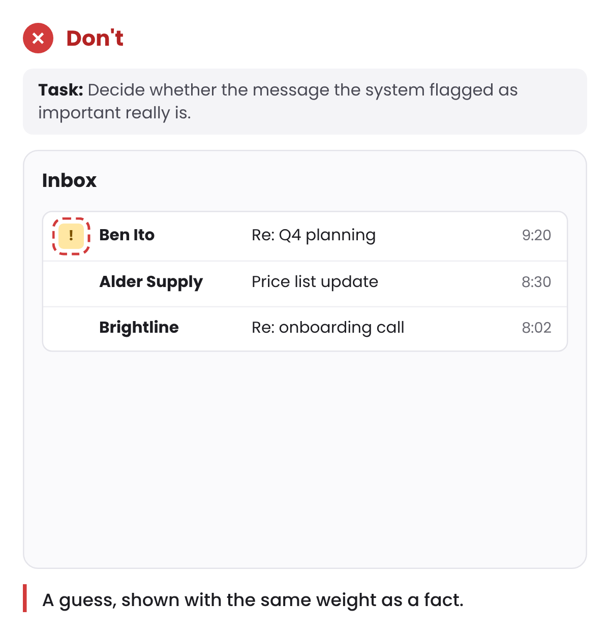 Don’t: An inbox where one message has an importance marker with no explanation.