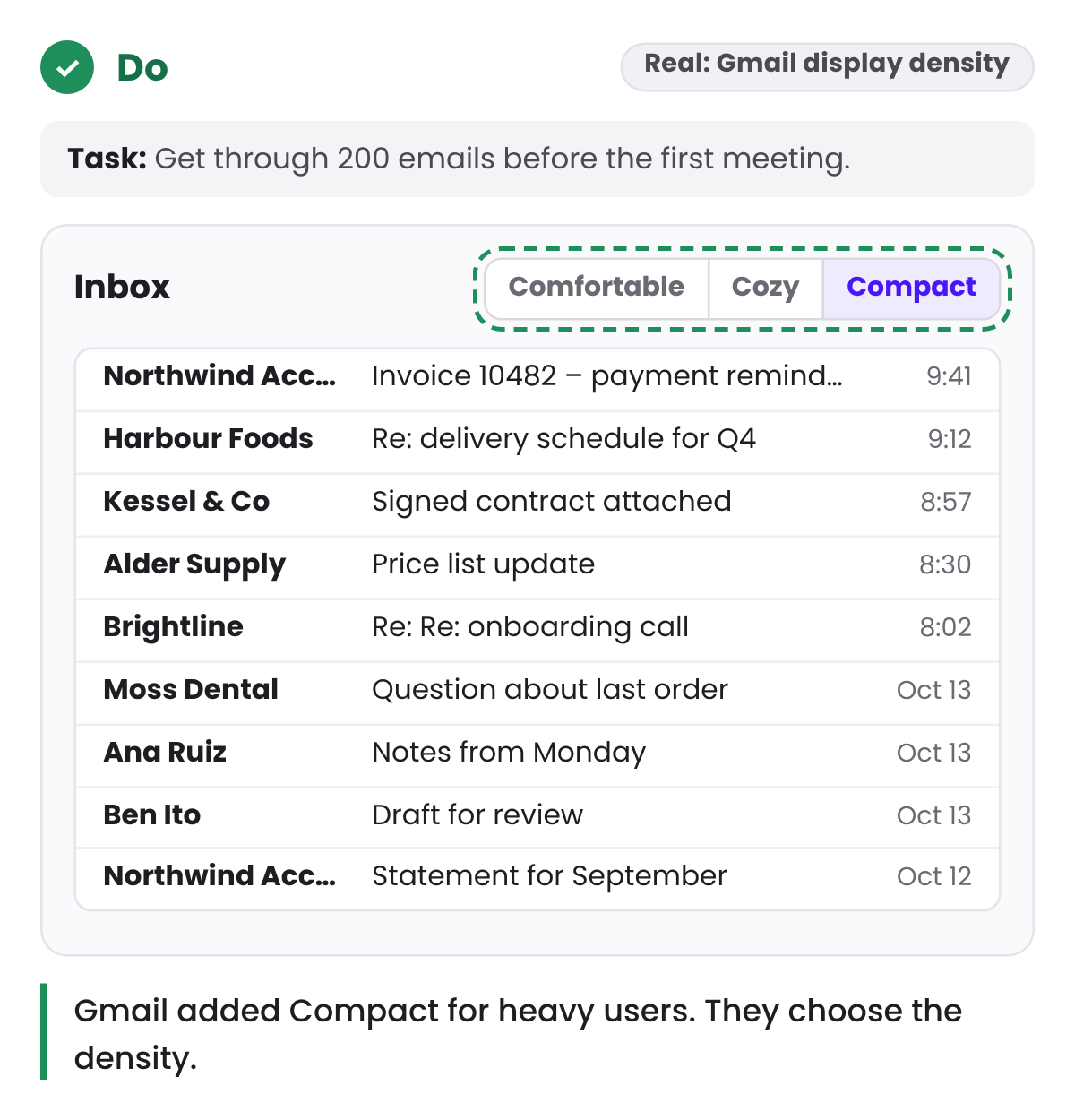 Do: The same inbox in Compact density showing nine emails, with a Comfortable, Cozy, Compact switch.