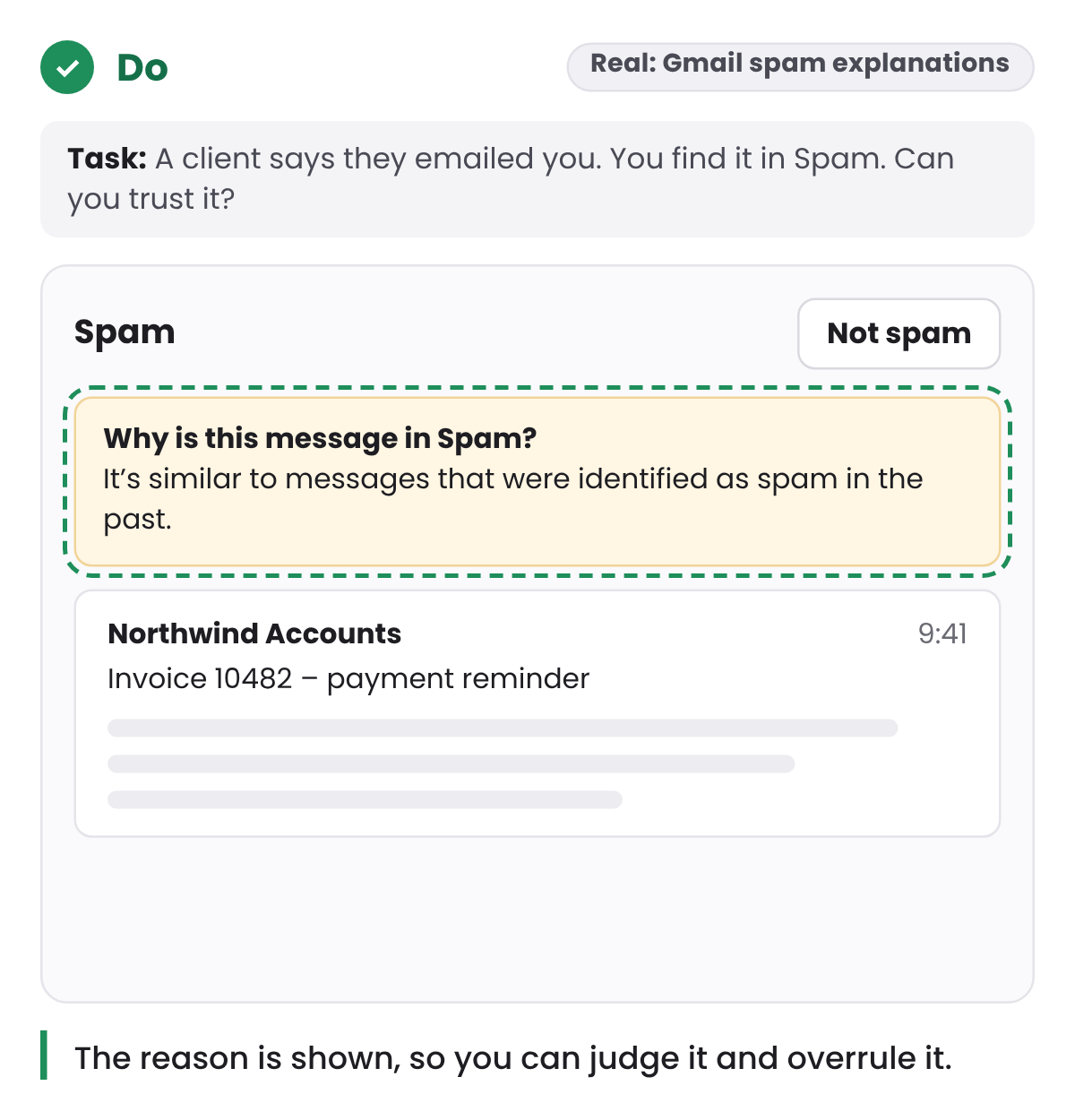 Do: The same message with a note: Why is this message in Spam? It’s similar to messages that were identified as spam in the past.